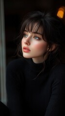 Fototapeta premium A woman with long black hair and a black sweater is looking out the window. She has a red lip and is wearing a necklace