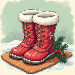 Winter boots on a cozy mat with a decorative touch of greenery and berries