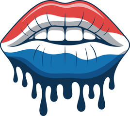 Stylized dripping lips illustration in Dutch flag colors, modern pop art design with red white and blue on blue background