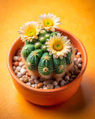 Vibrant potted cactus in bloom high angle shot sunny orange background