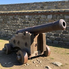 An aged, rusty cannon rests against a weathered stone wall, showcasing historical defense mechanisms.