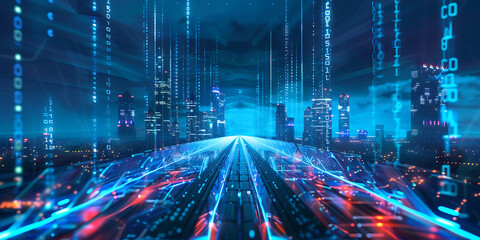 Futuristic city with digital data stream concept
