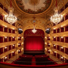A grand opera house interior showcases ornate gold detailing and rich red velvet seating.
