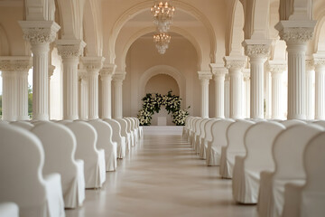 Obraz premium Elegant all-white wedding venue featuring rows of covered chairs leading to a floral archway, framed by ornate columns and chandeliers. A vision of serenity.