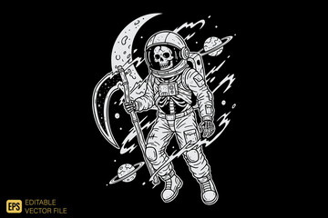 Astronaut Skeleton with Scythe in Space.