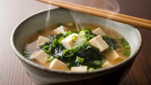 Hot, steaming bowl of miso soup with tofu and seaweed