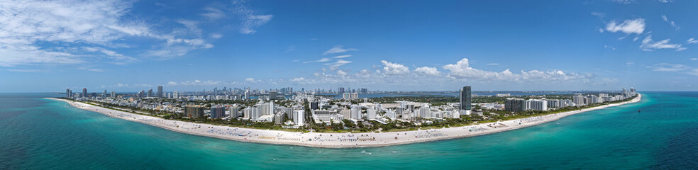 Aerial panorama of Miami Beach coastline. Stunning Miami skyline panorama. Drone panoramic view of...
