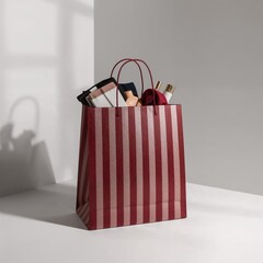Illustration of shopping bag with cosmetics and accessories on white background in studio