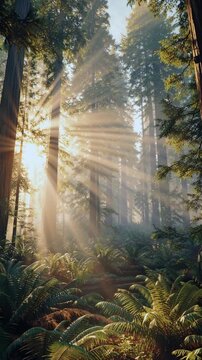 Sunrays filter through forest canopy