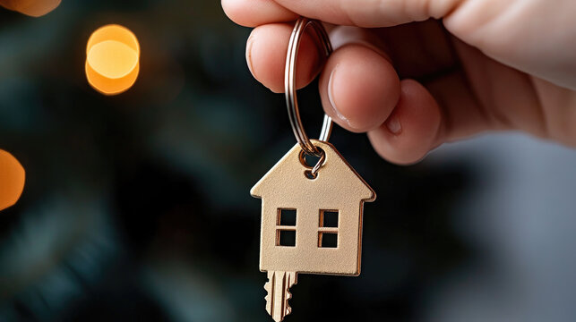 Person's hand extending keys and a house-shaped keychain, signifying themes of buying a new home, securing property, future home plans, or a special Christmas present