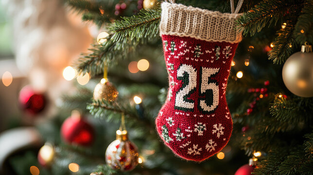 knitted christmas advent calendar with number 25 hanging on decorated christmas tree festive handmade ornament holiday tradition cozy seasonal decoration - Powered by Adobe
