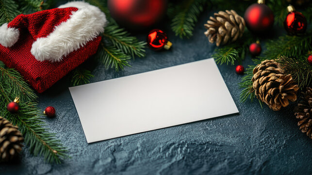 Christmas gift certificate mockup lying on dark background surrounded by Santa hat, pine cones, fir branches with red berries and red Christmas ball, creating festive atmosphere with copy space