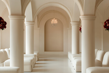 Elegant interior featuring pristine white columns that frame a serene aisle, leading to a softly lit niche adorned with a delicate chandelier. A refined, monochromatic aesthetic.