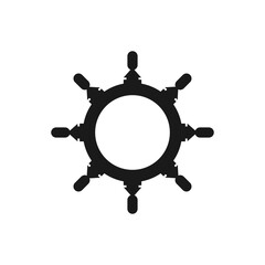 Black and white image of a ship's wheel, a symbol of navigation and control.
