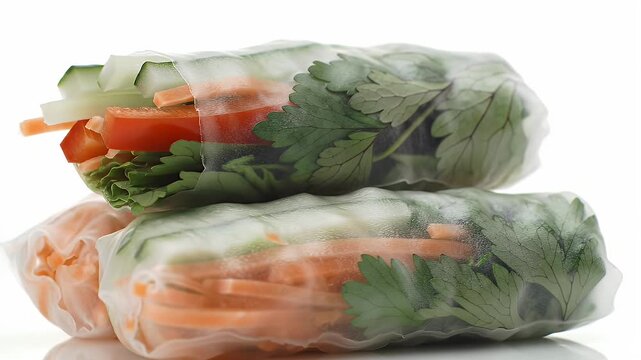 Close Up Of Three Vegetable Spring Rolls Stacked on White Background
