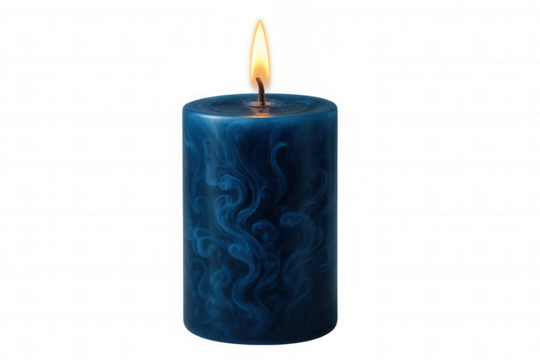 Burning blue marbled pillar candle, flame providing light and warmth, isolated with transparent background