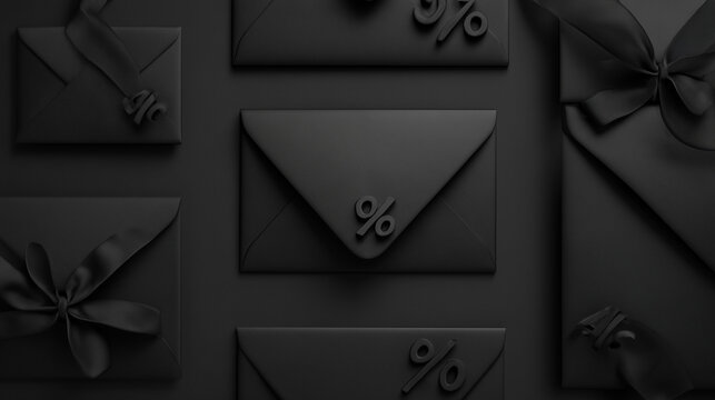 Monochromatic arrangement of black envelopes adorned with percentage symbols and ribbons in a pattern