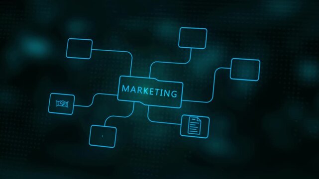 Digital mind map with the word MARKETING in blue on a dark abstract background with glowing dots
