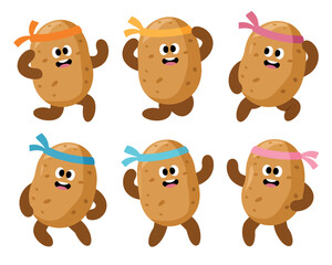 Six cartoon potatoes wearing headbands and dancing with joy