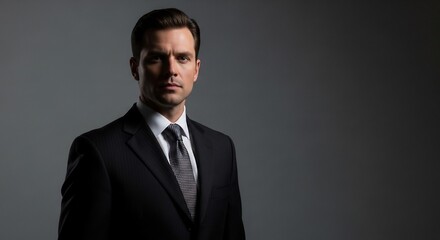 A man in a dark suit and tie is shown from the chest up against a gray background