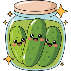 Cute kawaii pickles in a jar with sparkles