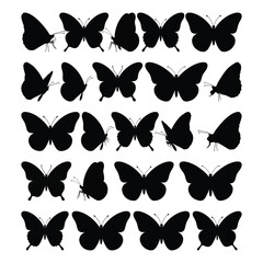 Flying butterfly silhouettes collection, Tropical insects stencil, ink silhouettes in trendy retro design.