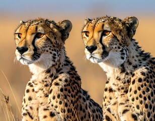 Two cheetahs posing in tall grass, focused gaze, golden light