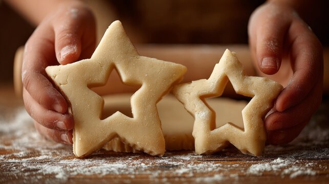 In a warm kitchen filled with flour, a mother and her child joyfully shape star-shaped cookies, sharing laughter and love during their baking adventure