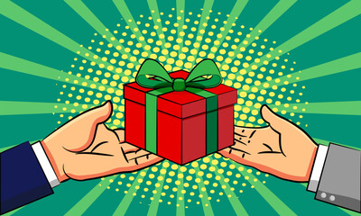 Retro comic style hands with haltone giving or receiving a present, Christmas or Birthday themed element with ribbon and bow