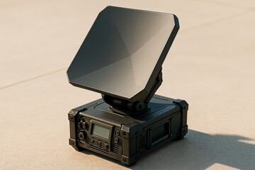 Compact portable satellite uplink terminal with a sleek flat-panel antenna, used for field communication, remote connectivity, and high-speed data transmission via satellite networks