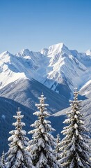 Snowy peaks and frosted pines create a serene winter landscape against a vibrant blue sky.