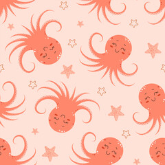 Seamless pattern with cute octopuses. Sea creatures, underwater world, oceanic and marine themes. Vector illustration