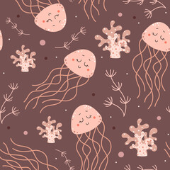 Seamless pattern with cute jellyfish. Sea creatures, underwater world, oceanic and marine themes. Vector illustration