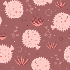 Seamless pattern with cute fugo fish. Sea creatures, underwater world, oceanic and marine themes. Vector illustration