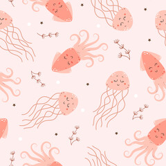 Seamless pattern with cute jellyfish and squid. Sea creatures, underwater world, oceanic and marine themes. Vector illustration