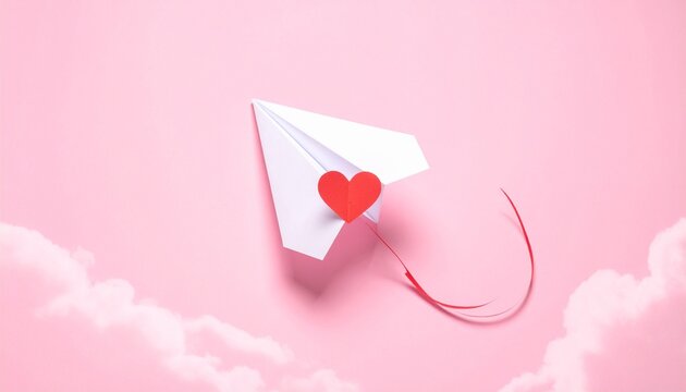 White paper airplane with red hearts on pink background—symbolizing love in flight, minimal romance, and affectionate messaging.