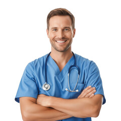 Illustration of smiling male nurse with arms crossed isolated on transparent background