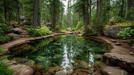 Fototapeta premium Serene forest pool with clear water and surrounding rocks