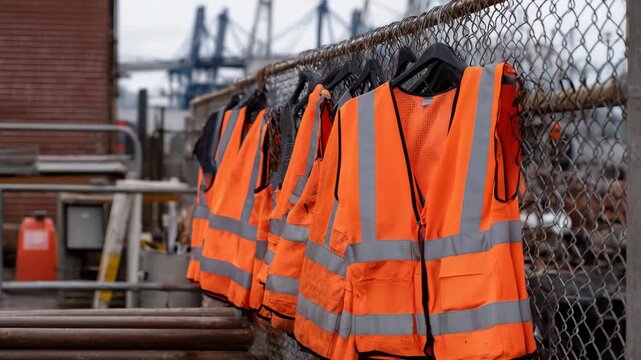 Row of construction safety jackets draped over hooks, bright orange fabric glowing against industrial backdrop of brick and steel