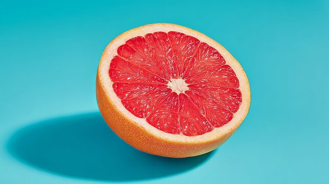 Red grapefruit is cut in half and placed on a blue background. The grapefruit is the main focus of the image, and the blue background creates a calm and serene mood - Powered by Adobe