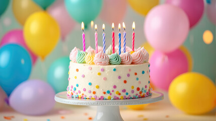 Birthday celebration featuring a delightful cake with lit candles. Colorful pastel balloons floating in the background. Fresh daisies arranged in a blue teacup