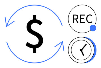 Dollar sign encircled by arrows, clock, and record indicator illustrating financial cycles, time management, subscription models, automation, and repeatability. Ideal for finance, productivity