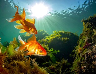 Two goldfish swim near algae with the sun shining through water