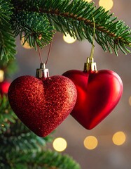 Two heart-shaped ornaments dangle from a festive, evergreen branch