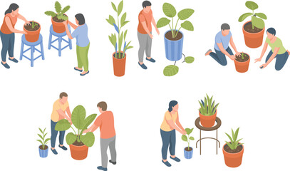 Indoor gardening teamwork, plant care illustration, cozy home activity, potted plant decor, wellness lifestyle, nature-inspired art, relaxing hobby scene