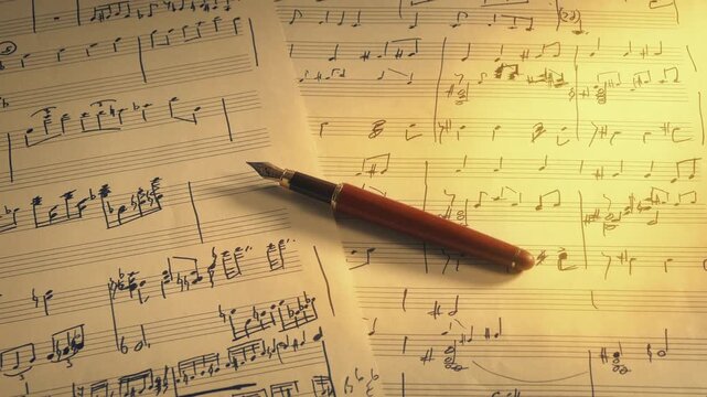 Music Writing Scene With Hand-Written Sheets