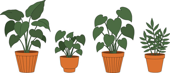 Potted plant illustration, leaf shape variety, botanical decor, indoor greenery, cozy home vibe, nature art, foliage design, plant study