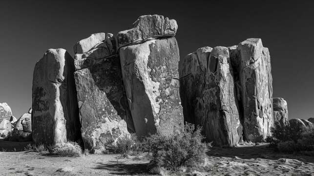 A stark black and white landscape features imposing, rugged rock formations standing majestically against a clear sky, with a small bush in the foreground, highlighting the enduring power and raw beau