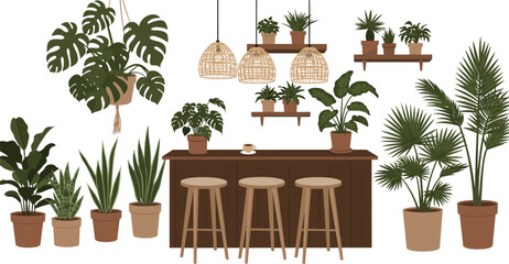 Indoor plant café, cozy bar counter, woven pendant lights, botanical decor, potted greenery, home interior, nature-inspired design, relaxing vibe