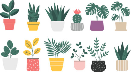 Colorful potted plants, botanical illustration, decorative houseplants, vibrant pot designs, indoor greenery, cozy home decor, nature art, plant collection